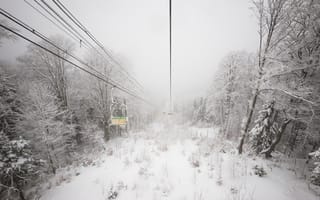 Картинка зима, снег, горнолыжный курорт, подъемник, лес, пейзаж, природа, холод, туман, отдых