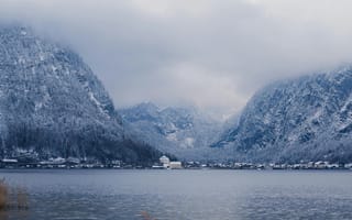 Картинка зима, горы, озеро, пейзаж, снег, облака, природа, спокойствие