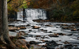 Картинка водопад, природа, осень, река, камни, лес, пейзаж