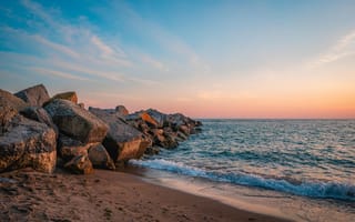 Картинка море, пейзаж, закат, камни, пляж, природа, воды