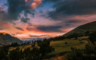Картинка пейзаж, горы, закат, природа, небо, лес, зелень