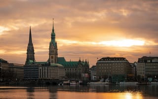 Картинка Гамбург, закат, архитектура, река, город, пейзаж, небо