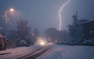 Картинка зима, снег, молния, дорога, пейзаж, ночь, освещение