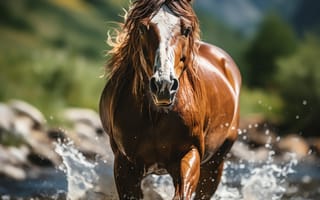 Картинка лошадь, природа, река, вода, пейзаж, животные, лето