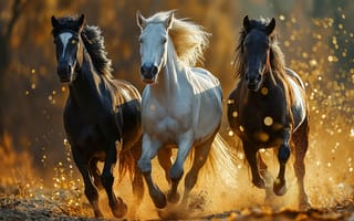 Картинка лошади, природа, бег, пейзаж, животные, свет, осень