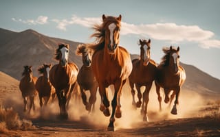 Картинка лошади, природа, пейзаж, бег, песок, горизонт, животные