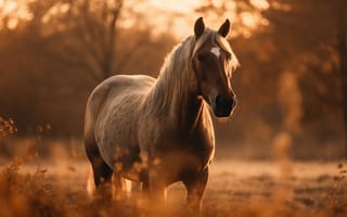 Картинка лошадь, природа, закат, пейзаж, животные, осень, мирный