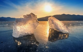 Картинка лед, солнце, природа, горы, отражение, пейзаж, зима