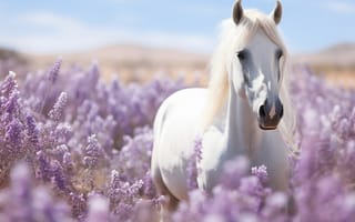 Картинка лошадь, цветы, природа, пейзаж, белая лошадь, фото, обои