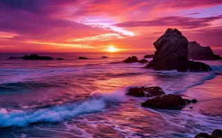 Картинка закат, море, скалы, пейзаж, природа, океан, облака, вода, красота, цвета