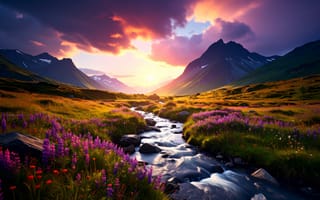 Картинка пейзаж, горы, закат, река, цветы, природа, красота