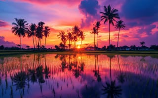 Картинка закат, пальмы, природа, отражение, пейзаж, небо, рисовые поля