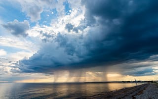 Картинка небо, облака, дождь, море, пейзаж, природа, горы