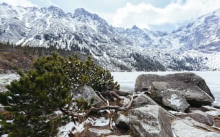 Картинка горы, природа, озеро, зима, пейзаж, камни, лес