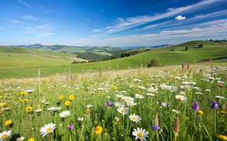 Картинка пейзаж, цветы, природа, небо, зелень, лето, луга