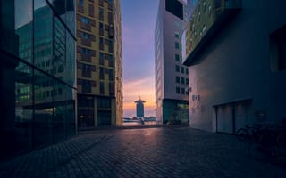Картинка город, архитектура, закат, здания, пейзаж, урбанистика, современный