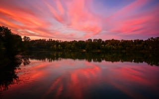 Картинка закат, озеро, природа, небо, отражение, пейзаж, деревья