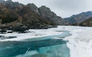 Картинка река, горы, лед, природа, пейзаж, зима, водоем
