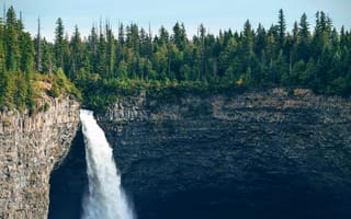 Картинка водопад, природа, лес, скалы, пейзаж, горизонт, вода