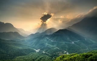 Картинка горы, природа, пейзаж, облака, свет, долина, закат