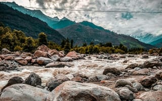 Картинка река, горы, природа, пейзаж, камни, лес, облака