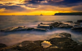 Картинка закат, море, скалы, природа, пейзаж, океан, свет