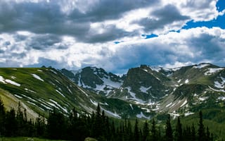 Картинка горы, природа, пейзаж, облака, лес, снег, небо, отдых, туризм, красота