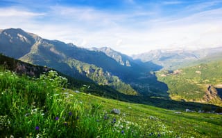 Картинка горы, пейзаж, природа, цветы, небо, долина, лето