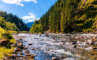 Картинка река, природа, лес, горы, пейзаж, вода, камни, небо, солнце, отдых