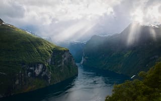 Картинка природа, горы, река, пейзаж, водопад, облака, свет