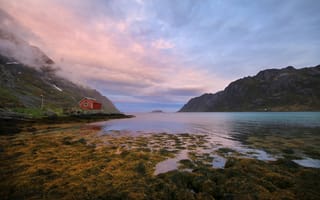 Картинка природа, пейзаж, озеро, горы, закат, дом, норвегия, мир, спокойствие