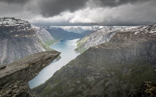 Картинка горы, природа, пейзаж, озеро, облака, скалы, норвегия, вода, высота, путешествия