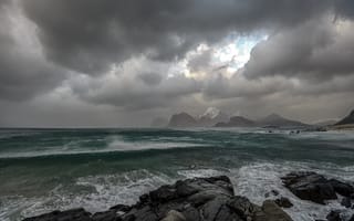Картинка море, горы, облака, пейзаж, природа, скалы, шторм