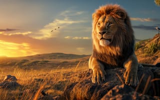Картинка лев, природа, закат, африка, дикие животные, пейзаж, горы
