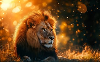 Картинка лев, природа, закат, дикие животные, пейзаж, мягкий свет, золотистый
