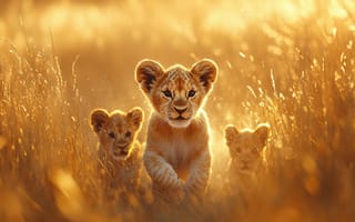 Картинка львы, детеныши, природа, солнце, трава, животные, дикая природа