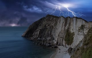 Картинка море, гром, скалы, пейзаж, шторм, природа, облака