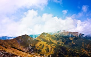 Картинка горы, природа, пейзаж, небо, облака, зелень, осень