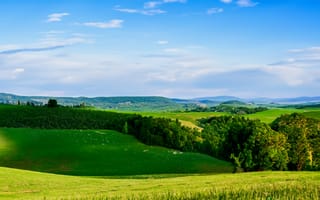 Картинка пейзаж, природа, зелень, горы, небо, лес, поле