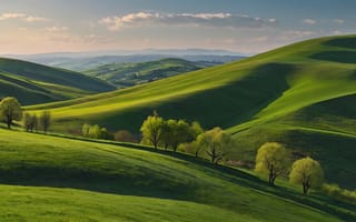 Картинка пейзаж, природа, зелень, холмы, деревья, горы, небо