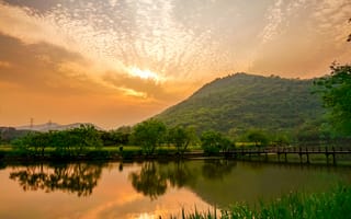 Картинка природа, закат, горы, озеро, пейзаж, деревья, отражение