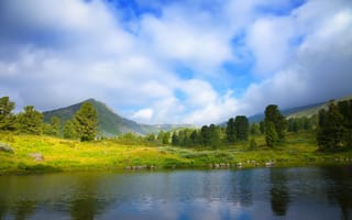 Картинка природа, пейзаж, горы, озеро, небо, деревья, отражение