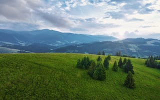 Картинка пейзаж, горы, природа, зелень, небо, лес, облака