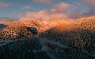 Картинка горы, природа, зима, лес, пейзаж, снег, закат