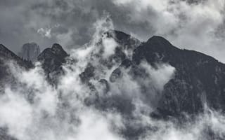 Картинка горы, облака, природа, пейзаж, туман, черно-белый, мгла