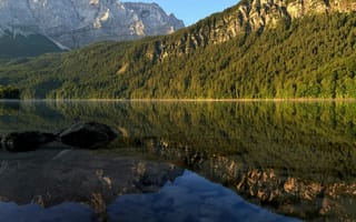 Картинка горы, озеро, природа, отражение, лес, пейзаж, солнце