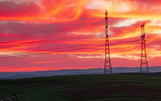 Картинка закат, пейзаж, электрические столбы, небо, природа, цвета, горы