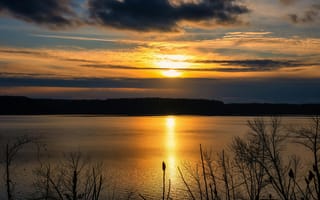 Картинка закат, озеро, природа, пейзаж, небо, отражение, деревья