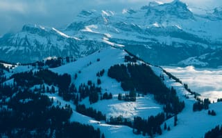 Картинка горы, зима, снег, пейзаж, природа, лес, облака