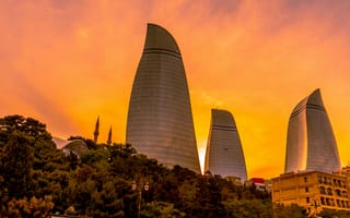 Картинка баку, небоскребы, закат, архитектура, город, пейзаж, современный